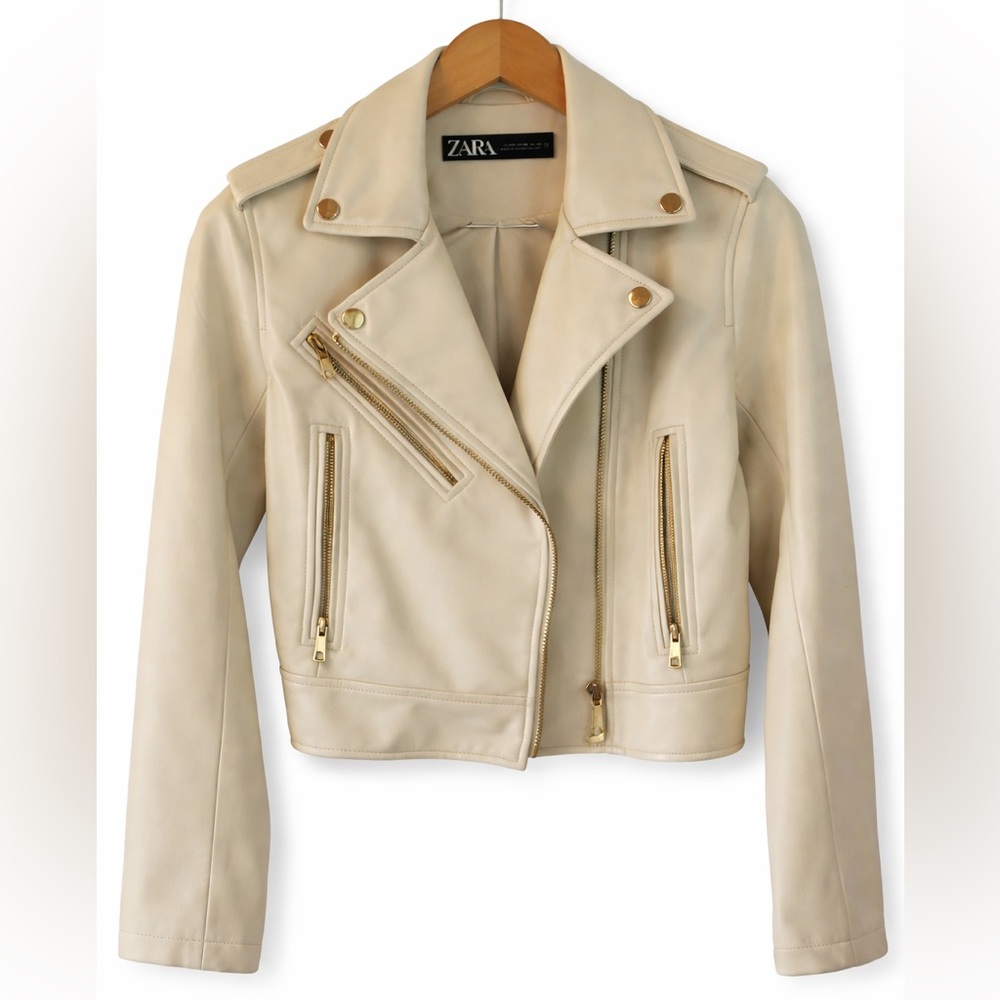 ZARA Faux Leather Moto Jacket XS Cream Beige Biker Style Zippers - Picture 3 of 12